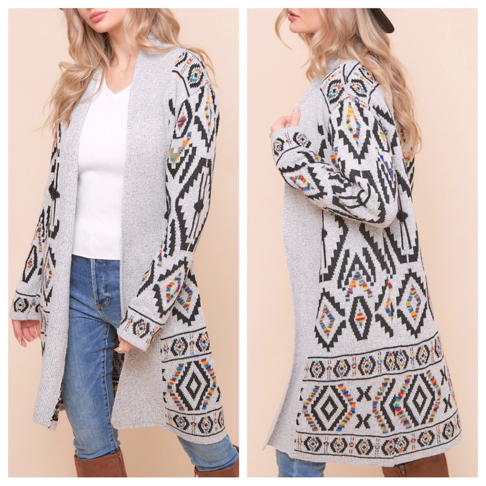 34 Aztec Print Sweater Jacket Long Cardigan